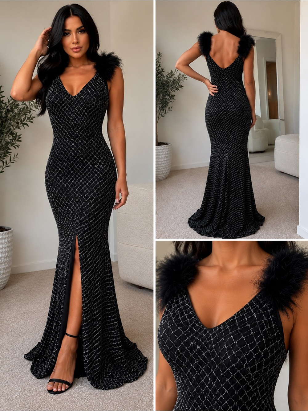 Elegant Black & silver sparkling Evening Gown with Feather Straps
